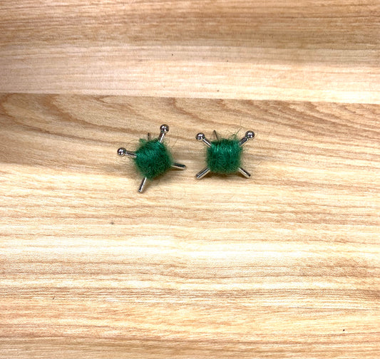 Green wool ball earrings